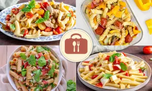 Quattro idee per 12 primi piatti freddi: pasta con tonno e pomodorini, insalata di pasta con verdure, pasta con rucola e pomodoro, e pasta con mozzarella e pomodorini.