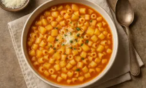 Una ciotola di pasta e patate fumante, guarnita con parmigiano grattugiato e prezzemolo. Accanto, un cucchiaio d'argento e una ciotolina di formaggio.