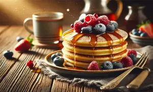 Pancake con albumi, guarniti con frutti di bosco e sciroppo d'acero, su un tavolo di legno rustico.