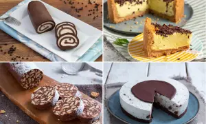 Quattro deliziosi dolci senza forno: rotolo al cacao, cheesecake, salame di cioccolato e torta fredda.