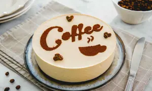 Delizioso cheesecake al caffè, decorato con cacao in polvere e chicchi di caffè. Perfetto per gli amanti del caffè.