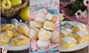 Deliziosi dolci con pasta sfoglia, alcuni ripieni di crema, altri con mele e spolverati di zucchero a velo o codette.