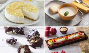 Un assortimento di dolci estivi: cheesecake al cioccolato bianco, crema con menta, tartufi al cioccolato e crostata di frutta.