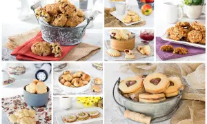 Collage di dolci: una ricetta biscotti classici con gocce di cioccolato, biscotti alla marmellata, biscotti con cuore di cioccolato e altri.