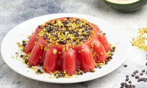 Delizioso gelo di anguria, guarnito con gocce di cioccolato e pistacchi tritati, su un piatto bianco.