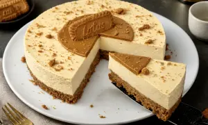 Delizioso cheesecake Lotus con base croccante e topping al caramello. Una fetta invitante attende di essere gustata.