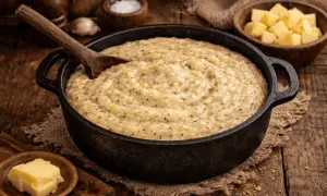 Una calda polenta taragna fumante in una padella di ghisa, con un cucchiaio di legno pronto a servirla. Accanto, cubetti di formaggio e burro.