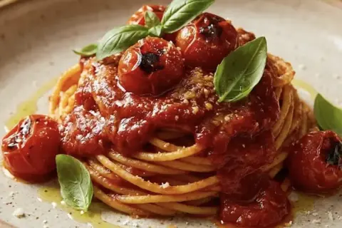 Un invitante piatto di spaghetti al pomodoro fresco, condito con pomodorini arrostiti e basilico profumato.