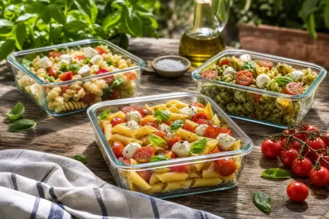 Tre insalate di pasta estiva colorate, con pomodorini, mozzarella e basilico, pronte per essere gustate all'aperto.