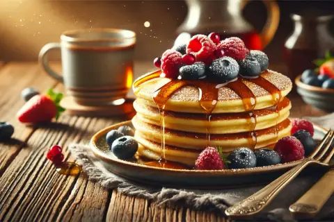 Pancake con albumi, guarniti con frutti di bosco e sciroppo d'acero, su un tavolo di legno rustico.
