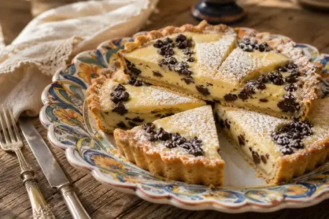 Una deliziosa torta di ricotta siciliana, cosparsa di zucchero a velo e gocce di cioccolato, servita su un piatto decorato.
