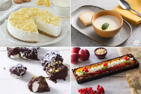 Un assortimento di dolci estivi: cheesecake al cioccolato bianco, crema con menta, tartufi al cioccolato e crostata di frutta.