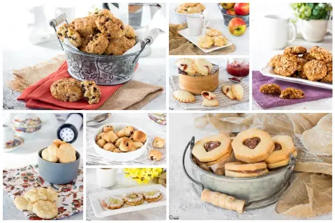 Collage di dolci: una ricetta biscotti classici con gocce di cioccolato, biscotti alla marmellata, biscotti con cuore di cioccolato e altri.