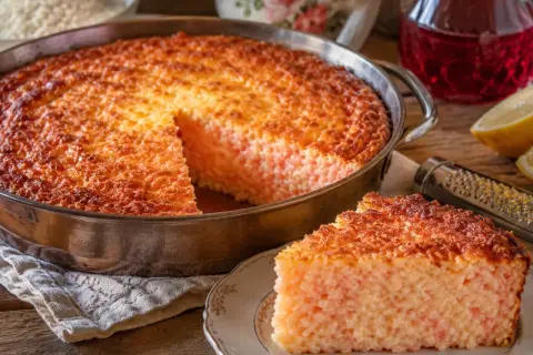 La torta di riso ricetta della nonna, dorata e invitante, con una fetta servita su un piattino.