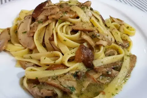 Un piatto invitante di tagliatelle ai porcini, condite con funghi freschi e prezzemolo tritato, su un piatto bianco.