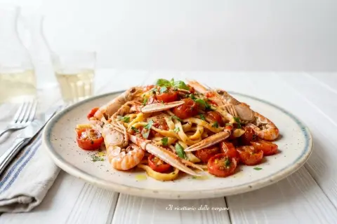Un piatto invitante di linguine agli scampi, condite con pomodorini succosi e basilico fresco.