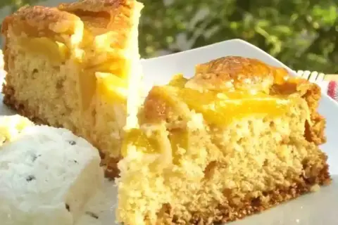 Fette di torta pesche e amaretti su un piatto bianco, con un pezzo di gelato.
