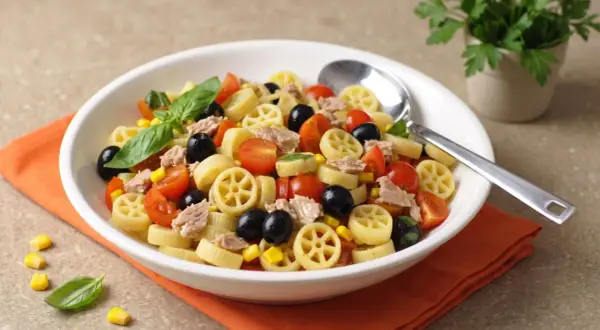 Un piatto invitante di pasta fredda tonno, con pomodorini, olive nere e mais. Perfetta per un pasto estivo.