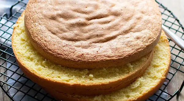 Due dischi di soffice sponge cake dorato, uno sopra l'altro, su una griglia. Perfetti per una torta deliziosa.