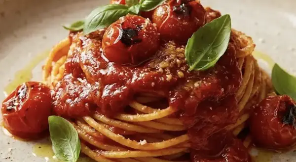 Un invitante piatto di spaghetti al pomodoro fresco, condito con pomodorini arrostiti e basilico profumato.