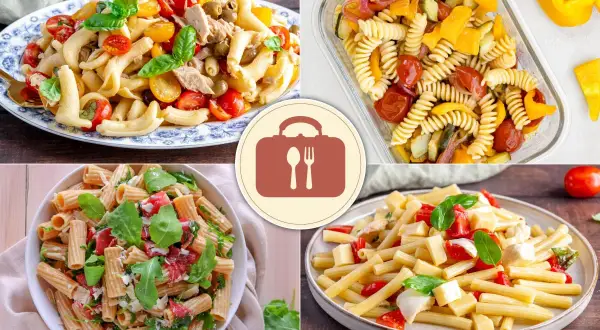 Quattro idee per 12 primi piatti freddi: pasta con tonno e pomodorini, insalata di pasta con verdure, pasta con rucola e pomodoro, e pasta con mozzarella e pomodorini.