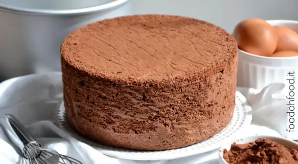 Un soffice pan di spagna al cioccolato, pronto per essere farcito. Accanto, uova fresche e cacao in polvere, ingredienti per un dolce perfetto.