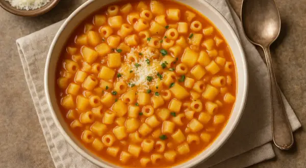 Una ciotola di pasta e patate fumante, guarnita con parmigiano grattugiato e prezzemolo. Accanto, un cucchiaio d'argento e una ciotolina di formaggio.