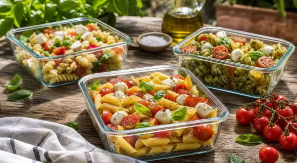 Tre insalate di pasta estiva colorate, con pomodorini, mozzarella e basilico, pronte per essere gustate all'aperto.