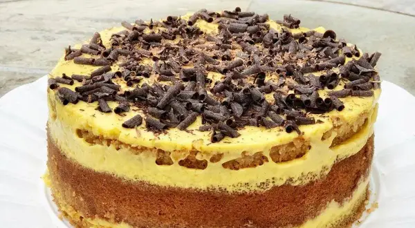 Torta pazientina a strati, con crema gialla e riccioli di cioccolato fondente in cima.