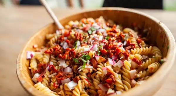 Pasta fredda da portare a lavoro, un'insalata colorata con fusilli, pomodori secchi, cipolla rossa e ravanelli. Perfetta per un pranzo gustoso.