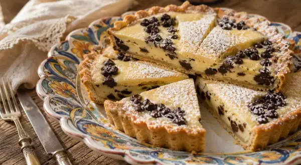 Una deliziosa torta di ricotta siciliana, cosparsa di zucchero a velo e gocce di cioccolato, servita su un piatto decorato.