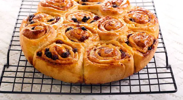 Dolci pittanchiusa dorati e lucidi, con uvetta, su una griglia.