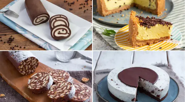 Quattro deliziosi dolci senza forno: rotolo al cacao, cheesecake, salame di cioccolato e torta fredda.