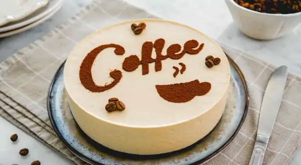 Delizioso cheesecake al caffè, decorato con cacao in polvere e chicchi di caffè. Perfetto per gli amanti del caffè.