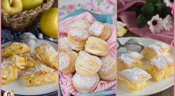 Deliziosi dolci con pasta sfoglia, alcuni ripieni di crema, altri con mele e spolverati di zucchero a velo o codette.