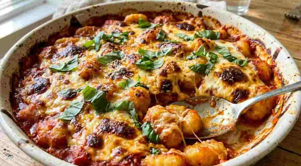 Gnocchi alla sorrentina fumanti in una teglia, con formaggio filante e basilico fresco. Un piatto invitante pronto per essere gustato.