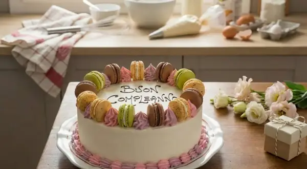 Torta di compleanno bianca decorata con macarons colorati e scritta "Buon Compleanno". Sul tavolo, fiori e un piccolo pacchetto regalo.