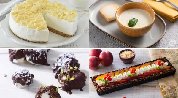 Un assortimento di dolci estivi: cheesecake al cioccolato bianco, crema con menta, tartufi al cioccolato e crostata di frutta.