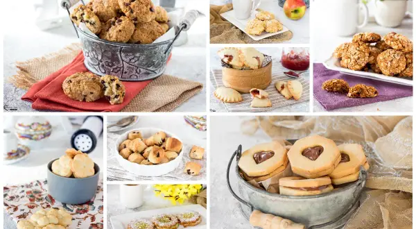 Collage di dolci: una ricetta biscotti classici con gocce di cioccolato, biscotti alla marmellata, biscotti con cuore di cioccolato e altri.