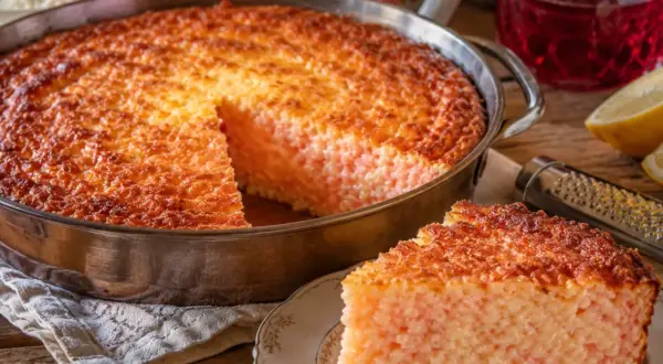La torta di riso ricetta della nonna, dorata e invitante, con una fetta servita su un piattino.