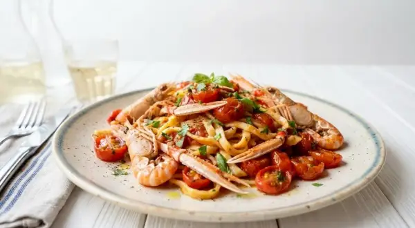 Un piatto invitante di linguine agli scampi, condite con pomodorini succosi e basilico fresco.