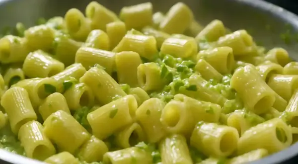Rigatoni conditi con una cremosa salsa verde, un delizioso piatto di pasta e zucchine alla napoletana.