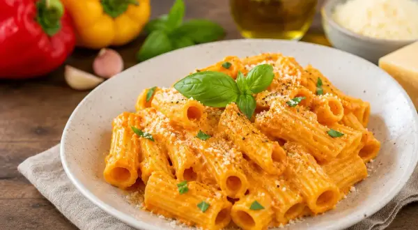 Piatto di rigatoni cremosi con salsa ai peperoni, guarnito con basilico fresco e parmigiano. Ingredienti freschi come peperoni rossi e gialli sullo sfondo.