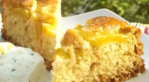 Fette di torta pesche e amaretti su un piatto bianco, con un pezzo di gelato.
