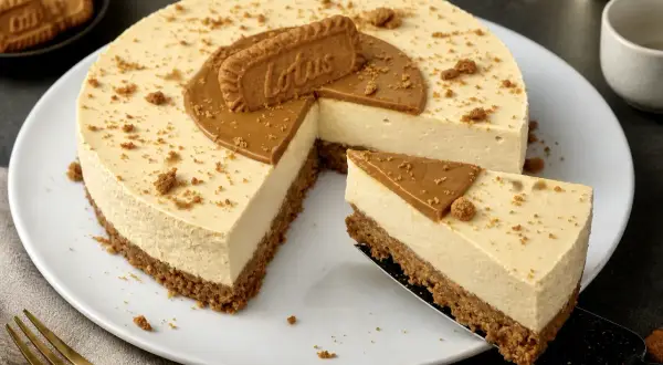 Delizioso cheesecake Lotus con base croccante e topping al caramello. Una fetta invitante attende di essere gustata.