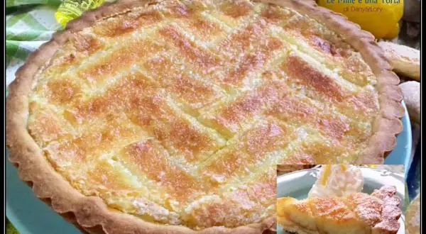 Deliziosa crostata beneventana con un ripieno dorato e una griglia di pasta frolla. Accanto, una fetta servita con panna montata.