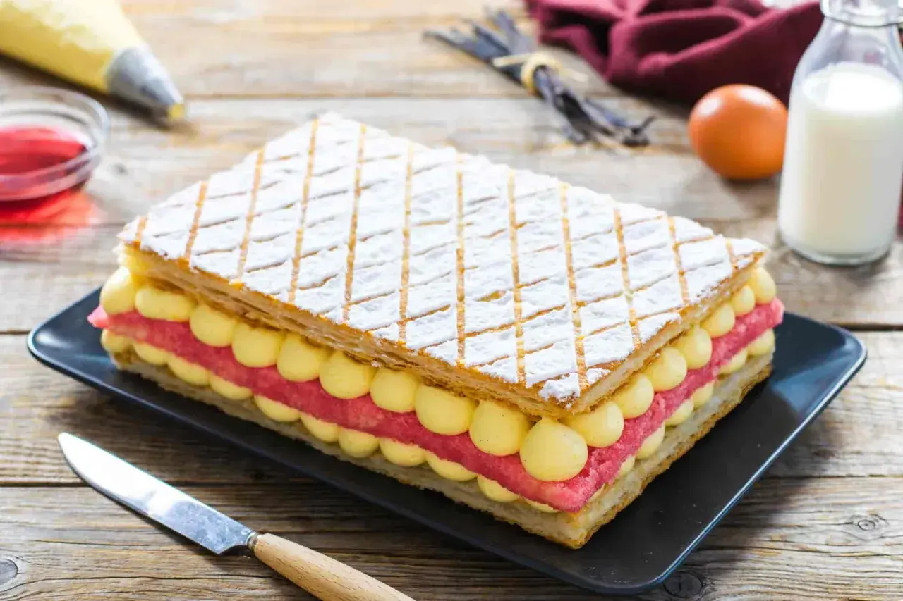 Una deliziosa torta diplomatica, con strati di pasta sfoglia, crema pasticcera e fragole, pronta per essere gustata.