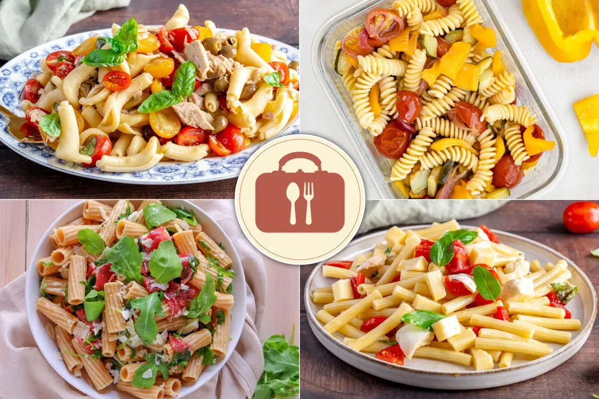 Quattro idee per 12 primi piatti freddi: pasta con tonno e pomodorini, insalata di pasta con verdure, pasta con rucola e pomodoro, e pasta con mozzarella e pomodorini.