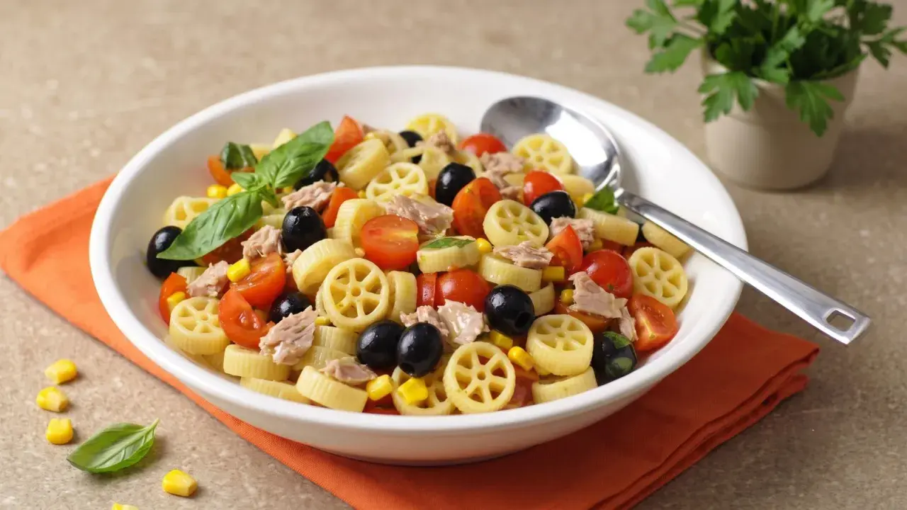 Un piatto invitante di pasta fredda saporita con tonno, pomodorini, olive nere e mais. Fresca e colorata, perfetta per l'estate.