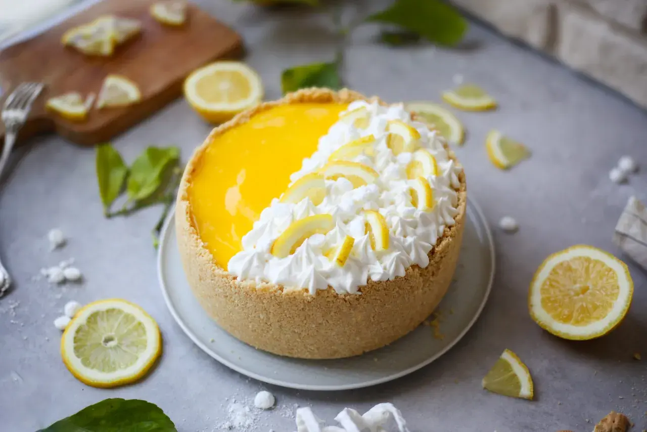 Delizioso cheesecake al limone con crema e fette di limone, pronto per essere gustato.
